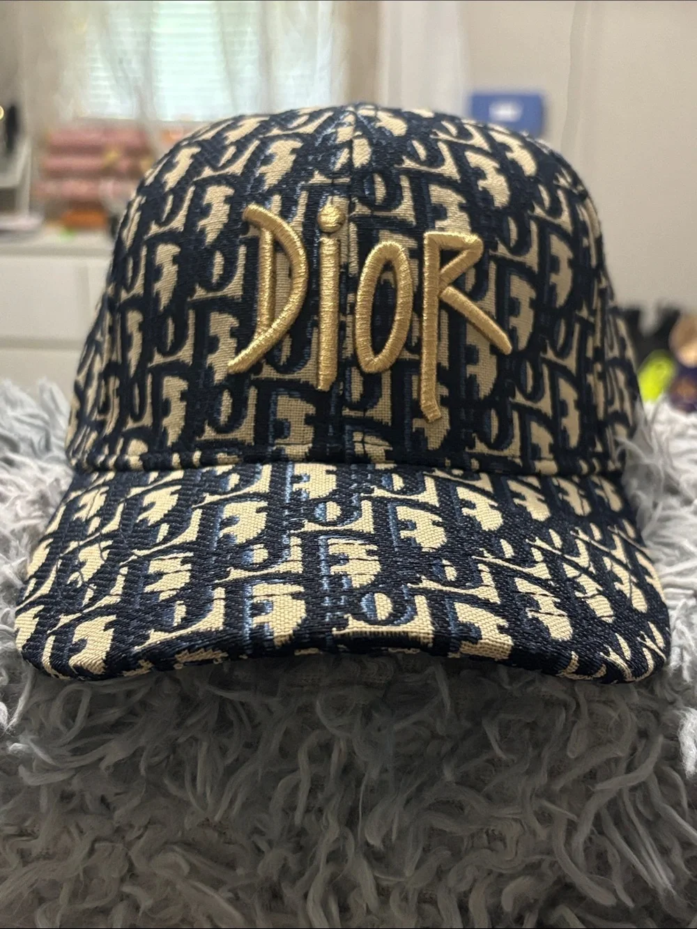 Unisex Dior Navy and Beige Monogram Hat